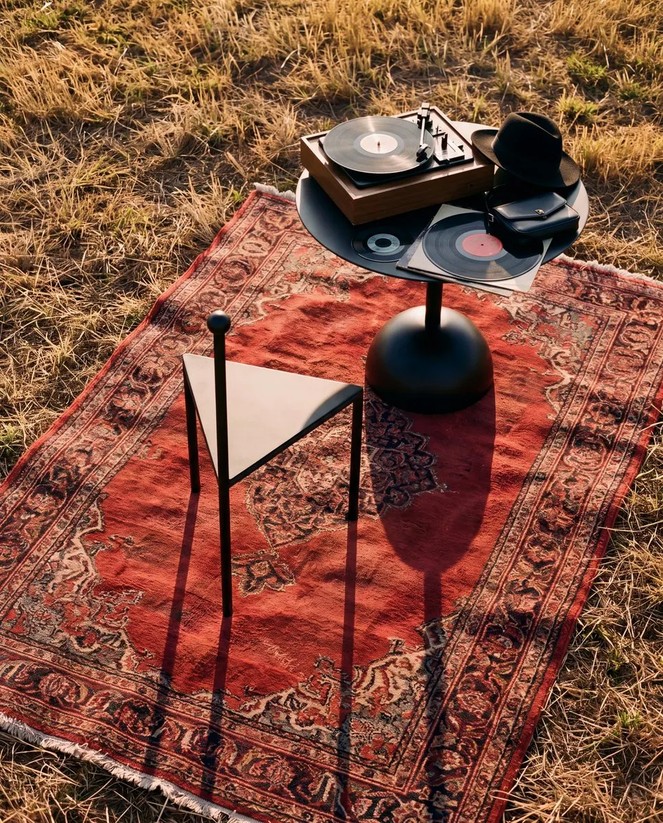 Interior brand feed post: black side table with records beside a triangle chair on a rug