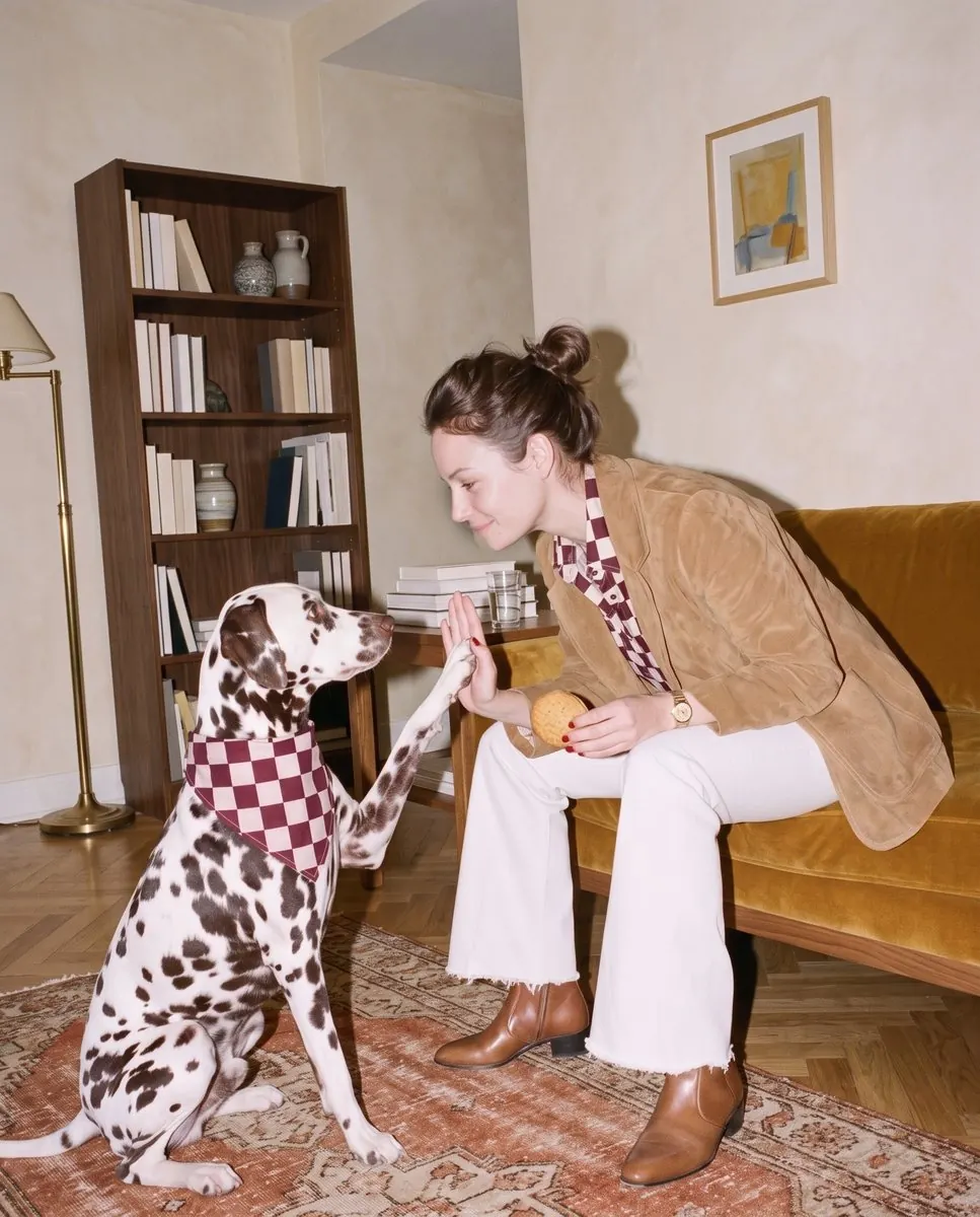 Pet brand feed post: dalmatian puppy in burgundy checkerboard bandana at home