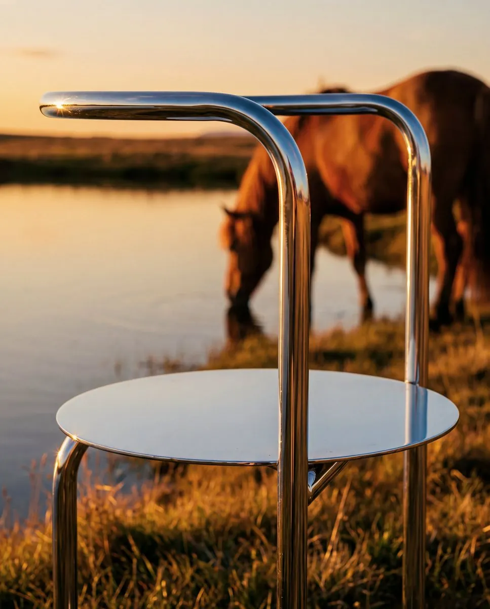 Interior brand feed post: chrome chair by water at sunset with a horse