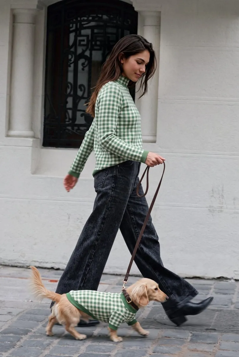 Pet brand feed post: dog in green gingham jumper on a street walk