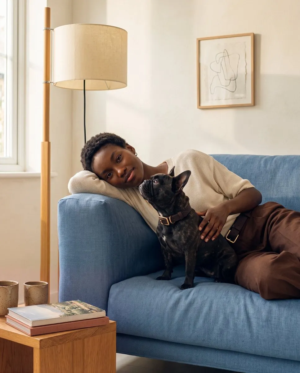 Pet product visual: French bulldog in a leather collar on a sofa