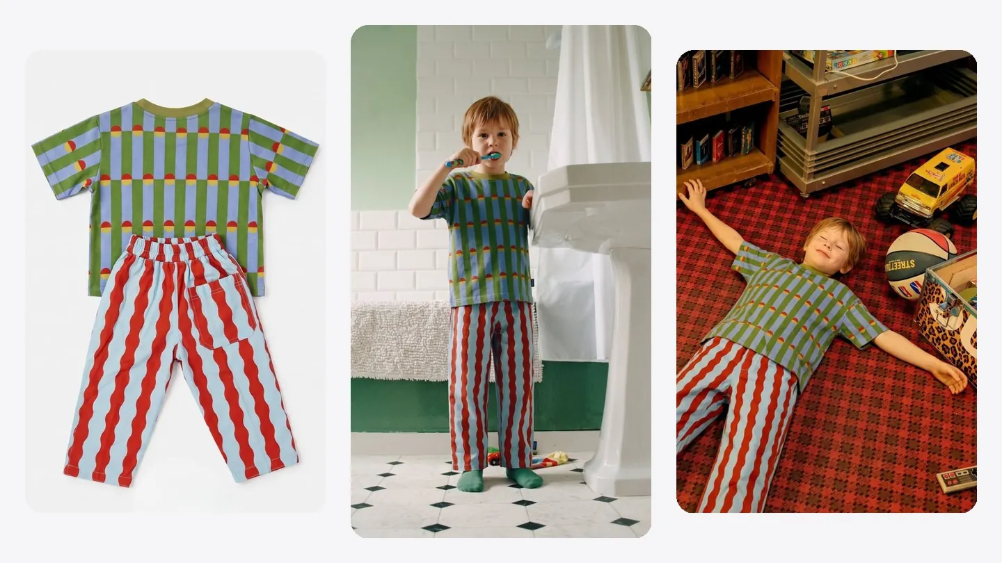 The same kids outfit as a white background packshot, a lifestyle photo and an editorial photo